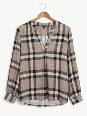Ann Taylor Taupe and Black Plaid V-Neck Blouse